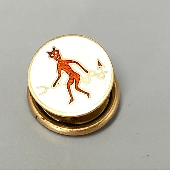 Antique Guilloche Red Devil on Pitchfork Enamel 10K Secret Society Pin Stief Co.